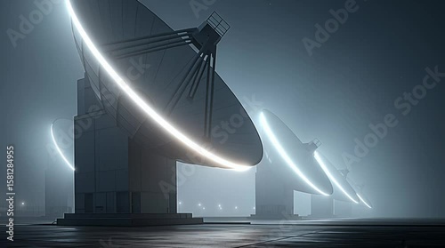 Modern Antenna Array in Haze: An arresting display of state-of-the-art antenna dishes, their sleek forms accentuated by a luminous glow, stand sentinel against a mystical, ethereal haze.