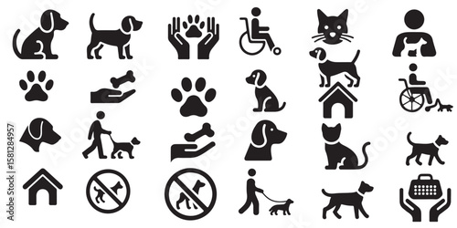 Collection of pet care and animal icons silhouette isolated on white background