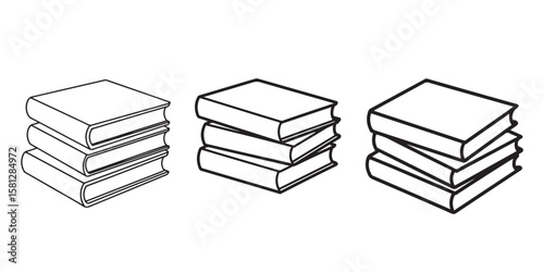 Three stacks of books in a clean line drawing silhouette isolated on white background