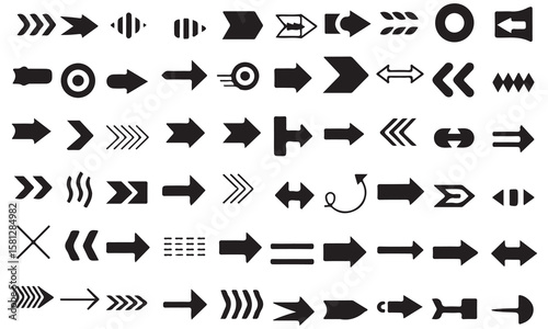 Collection of diverse black arrow shapes and symbols isolated on white background silhouette