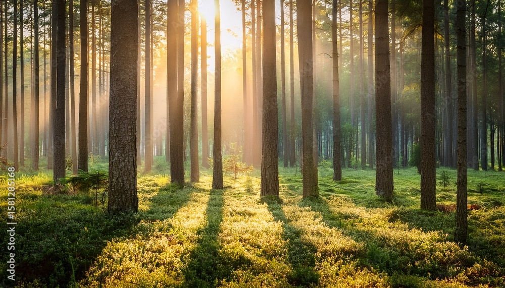 Obraz premium tranquil forest bathed in ethereal sunlight