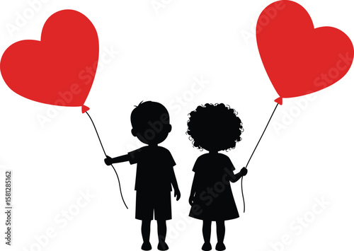 Silhouette of Boy and Girl Holding Heart Balloons – Romantic Kids Vector Illustration