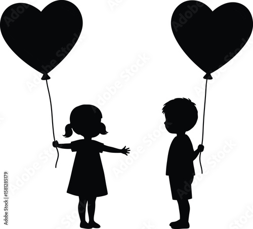 Silhouette of Boy and Girl with Heart Balloons – Cute Children Love Concept Vector