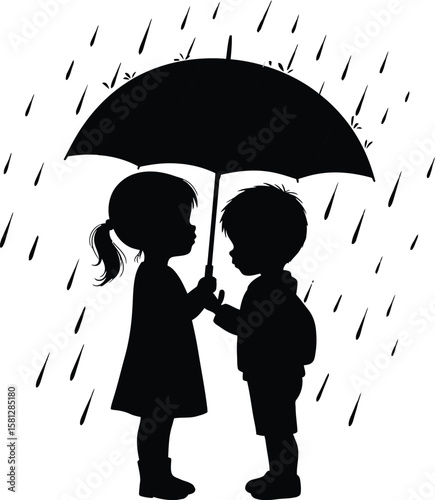 Silhouette of Boy and Girl Under Umbrella in Rain – Romantic Kids Vector Illustration