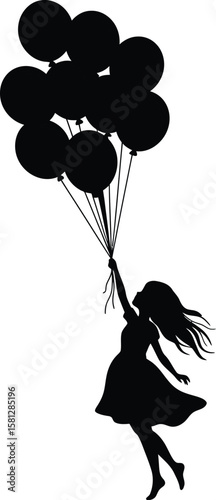 Silhouette of Girl Flying with Balloons, Floating Child Vector Illustration