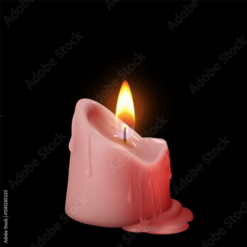 Burning wax candle, pink color with burning flame and melted paraffin.
