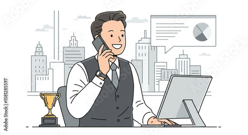 Successful businessman working at his desk in a modern office, talking on the phone and analyzing data on his computer