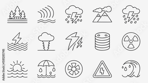Thin Line Art Icons Set Depicting Natural Disasters Environmental Issues and Industrial Hazards Including Thunderstorms Lightning Strikes