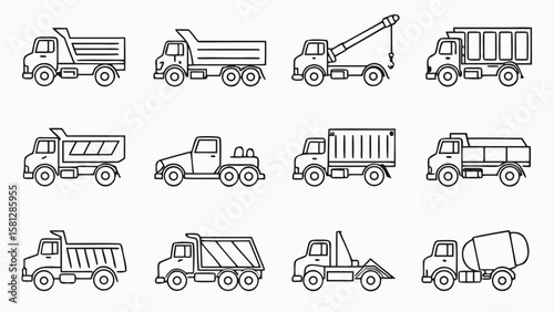 Thirty Black and White Thin Line Art Icons Illustrating Various Types of Trucks Including Dump Trucks Tow Trucks Container Trucks and a