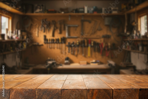 Locksmith workshop with empty wooden workbench for product placement or mockup presentations. Blurred wall with various tools hanging on hooks and shelves. Craftsmanship, DIY, tools, industry concept.