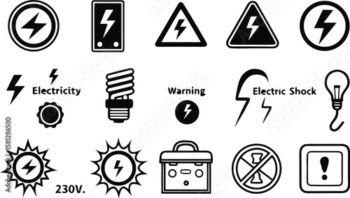 Thirty Black Glyph Icons Representing Electrical Symbols Electricity Voltage Warning Shock Power Light Bulb Outlet Switch