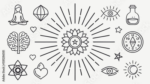 Thirty Black Line Art Icons Collection Featuring Yoga Woman Crystal Brain Compass Sun Moon Stars Eyes Heart Alchemy Symbols Flower Burst