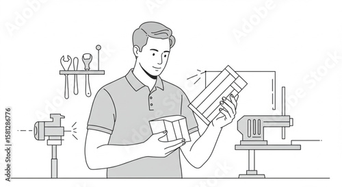 Young engineer inspecting a custom manufactured part in a workshop, checking the prototype against a model.