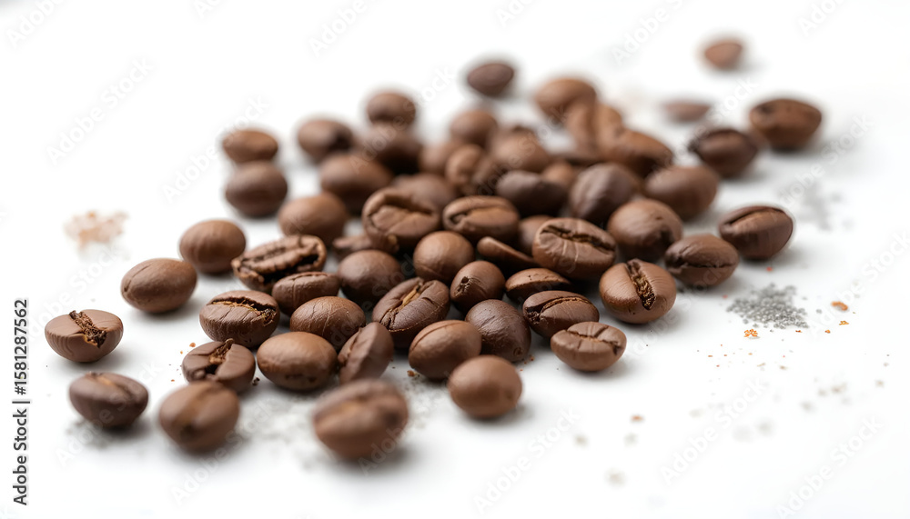 Pile of dark brown glossy coffee beans arranged on a clean white background. Pile of dark brown glossy coffee beans arranged on a clean white background.