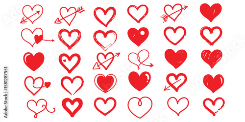 Collection of red hand drawn heart shapes with arrows silhouette isolated on white background