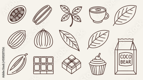 Thirty Brown Line Art Icons Illustrating Cocoa Beans Cacao Pods Leaves Chocolate Bars Cup of Hot Chocolate Cupcake and Coco Bear Package