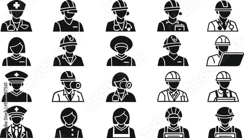 Thirty Solid Black Glyph Icons Depicting Diverse Professionals Including Doctors Nurses Police Officers Construction Workers and More in a