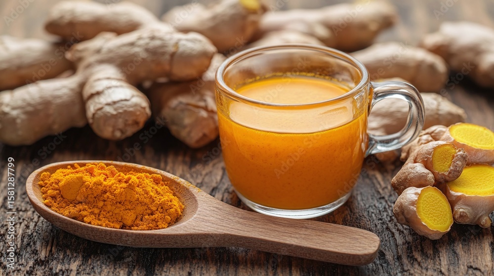 Golden Turmeric Drink with Ginger Roots on Wooden Table Golden Turmeric Drink with Ginger Roots on Wooden Table
