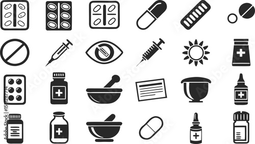 Thirty Solid Black Glyph Icons Depicting Medical Supplies Pills Capsules Syringes Medicine Bottles Eye Prescription and More on White Background