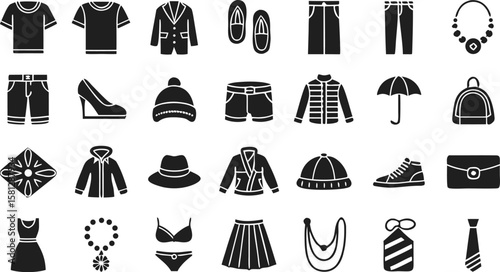 Thirty Solid Black Glyph Icons of Clothing Accessories and Footwear Items Including Shirts Pants Jackets Shoes Hats Bags and Jewelry