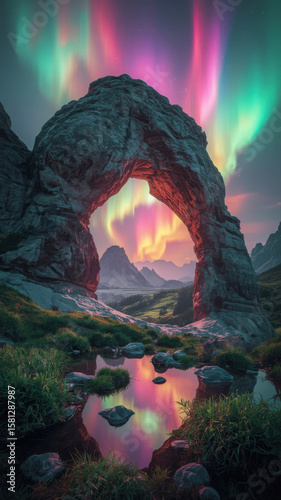 Northern lights framing mountain valley through natural rock arch