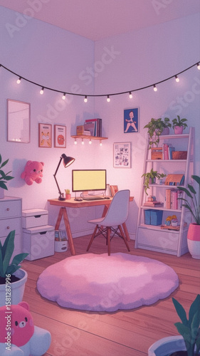Cozy pink bedroom interior with computer and string lights illuminating the room