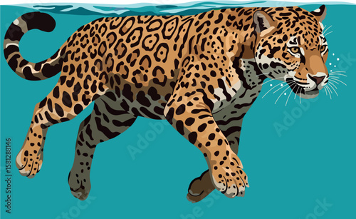  Swimming Jaguar (Panthera onca): Vector Illustration of an Aquatic Predator Navigating South American Rivers and Wetlands