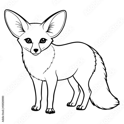 Bat-eared fox standing with large ears in a line drawing style  