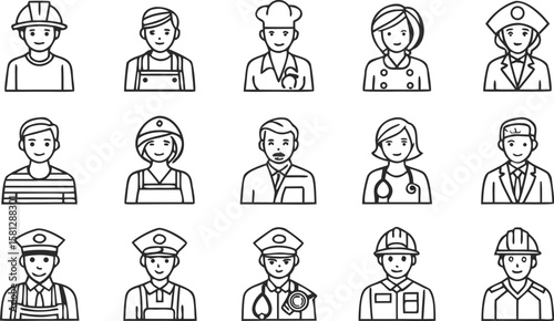 Thirty Thin Line Art Icons Depicting Diverse Professions Including Construction Workers Chefs Doctors Police Officers and More in Black on
