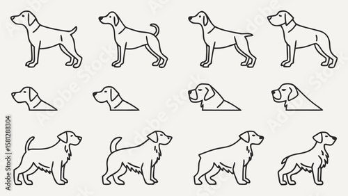 Thirty Thin Line Art Icons Depicting Dogs in Profile and Headshot Views Black and White Canine Illustrations for Web or Print