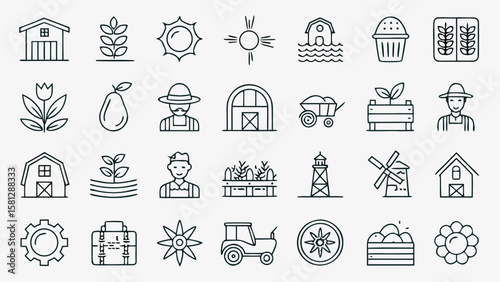 Thirty Thin Line Art Icons Depicting Farm Agriculture Rural Life Elements Including Barns Wheat Sun Farmers Flowers Tractor Windmill