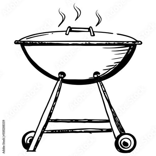 Classic barbecue grill emitting steam in black and white illustration  
