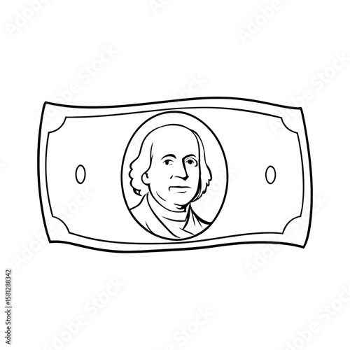 Illustration of a banknote featuring a historical figure in black and white  
