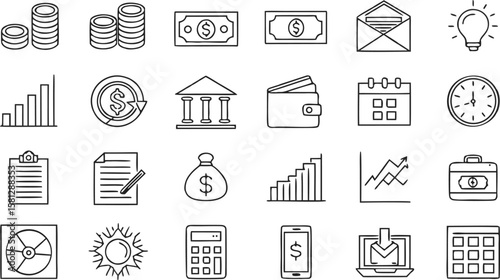 Thirty Thin Line Art Icons Depicting Finance Banking Business Concepts Including Coins Money Bills Bank Building Wallet Calendar Clock