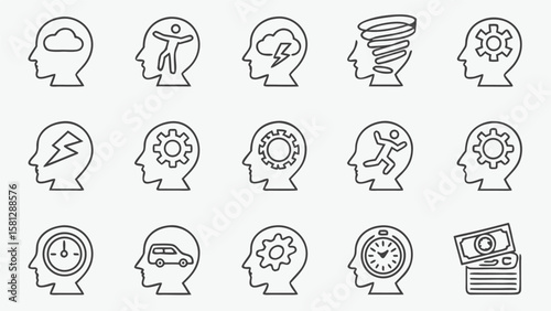 Thirty Thin Line Art Icons Depicting Human Head Profiles with Various Internal Images Including Clouds Gears Lightning Bolts Running Figures