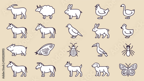 Thirty Thin Line Art Icons Depicting Various Animals Insects and Birds in White on a Beige Background a Collection of Simple Line Drawings