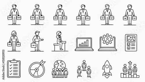 Thirty Thin Line Art Icons Illustrating Business People Teamwork Strategy Planning Success Growth and Technology Concepts in Black on White