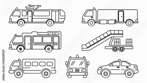Thirty Thin Line Art Icons Illustrating Airport Ground Support Vehicles Including Buses Shuttle Vans Fuel Trucks Jet Bridge and Police Car