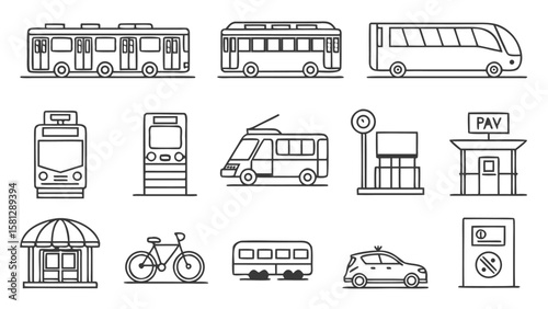 Thirty Thin Line Art Icons Illustrating Public Transportation Vehicles Bicycle Kiosk and Bus Stop Elements in Black on White Background