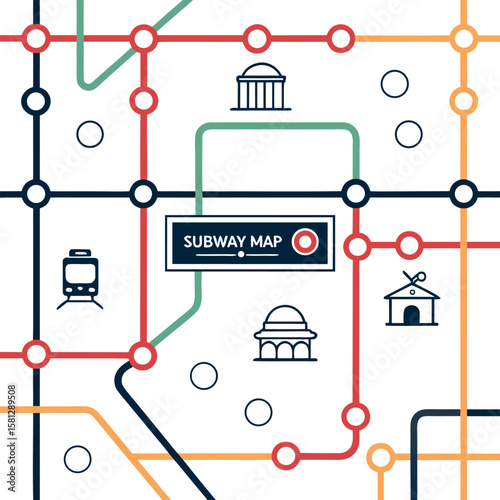 Minimalist subway map illustrative design with stations and train icon on white background