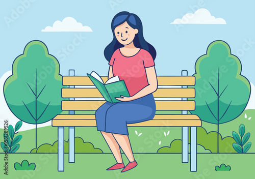 A woman with dark hair wearing a pink shirt and blue skirt enjoys reading a book while sitting on a park bench surrounded by trees and clouds
