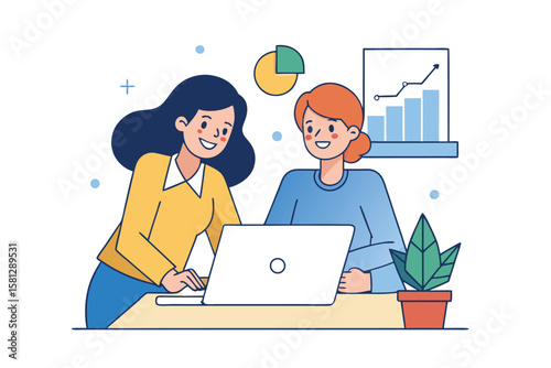 Two smiling women collaborate on a laptop reviewing financial charts and data for business growth and success