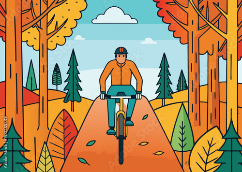 A cyclist rides through a vibrant autumn forest on a sunny day with a clear blue sky and fluffy clouds above
