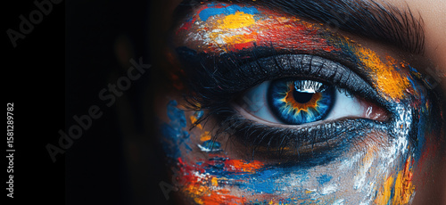 Vibrant close-up of artistic eye makeup with colorful paint and striking blue iris.
