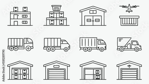Thirty Thin Line Art Icons Illustrating Warehouses Delivery Trucks Cargo Containers and a Drone Delivery System Black and White Simple Style