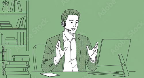 Illustration of a businessman with a headset during a video conference. Male call center operator working at his desk in an office.