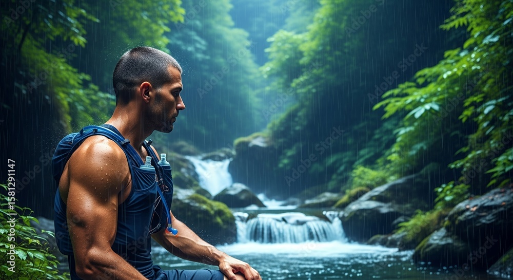 Fototapeta premium Muscular Man Resting by Waterfall in Rain