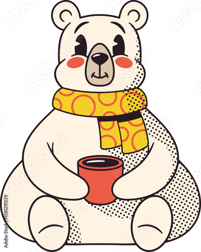 Retro winter bear drinking coffee