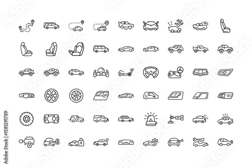 Set of Car Related Icons in Outline Style on White Background