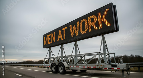 Men At Work Sign On Roadside Signage Signaling Construction Ahead